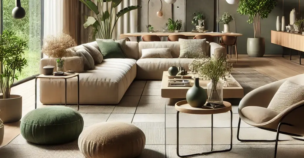 Cette image montre un intérieur moderne et élégant, parfaitement aligné avec les tendances de décoration de 2025. Le design met l'accent sur des matériaux naturels comme le bois et la pierre, des plantes d'intérieur pour une touche de verdure, et un mobilier minimaliste aux formes arrondies et aux couleurs douces telles que le beige, l'olive et la terracotta. L'ensemble crée une atmosphère sereine et sophistiquée, tout en reflétant un engagement fort envers la durabilité et l'éco-responsabilité.