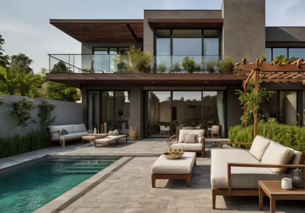 Vue extérieure d'une villa moderne avec une pergola en bois, un espace détente extérieur élégant, et une piscine.