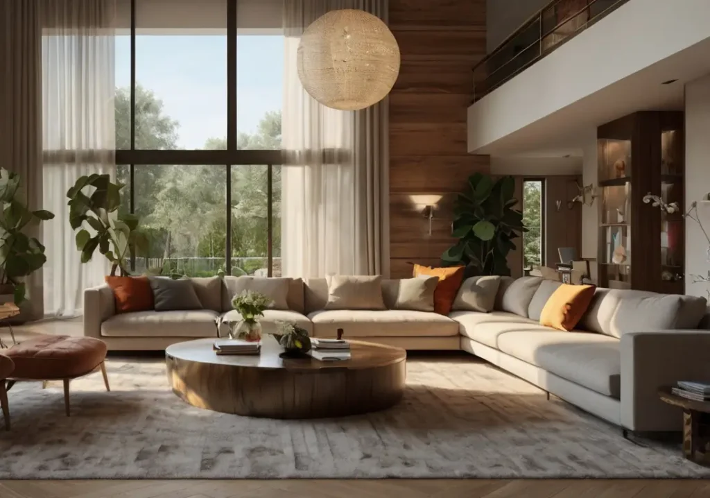 Intérieur d'une villa moderne avec des meubles minimalistes et des accents décoratifs contemporains.
