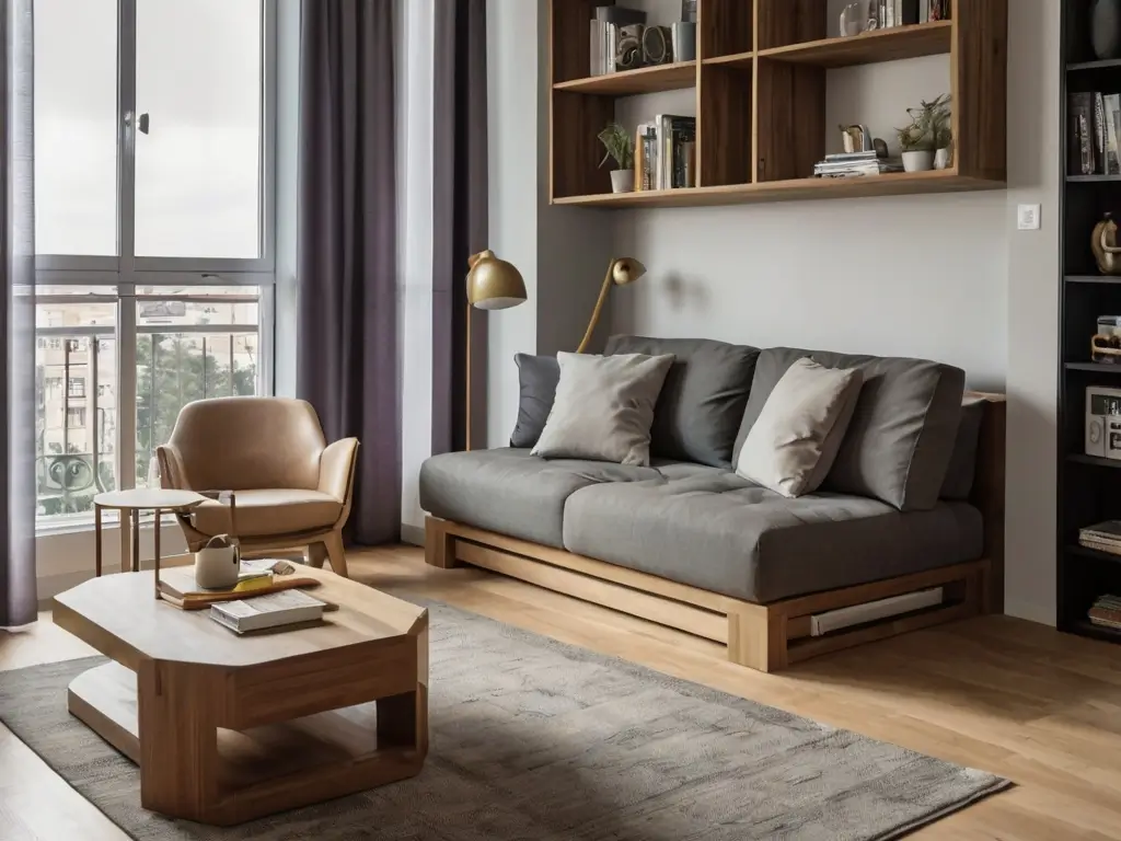 Appartement avec mobilier modulable, canapé-lit et table rabattable.