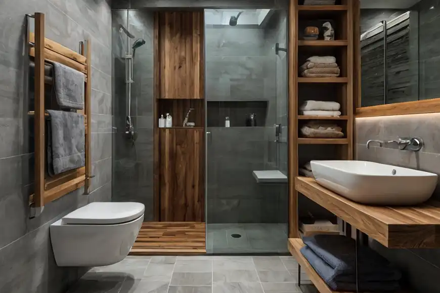 Une petite salle de bain moderne avec un miroir intelligent rétroéclairé, des robinets sans contact, et un sol chauffant pour un confort maximal.