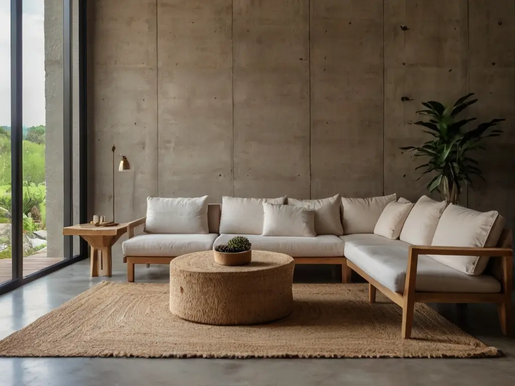 Pièce inspirée du wabi-sabi avec meubles en bois brut, tapis en jute et murs en béton.