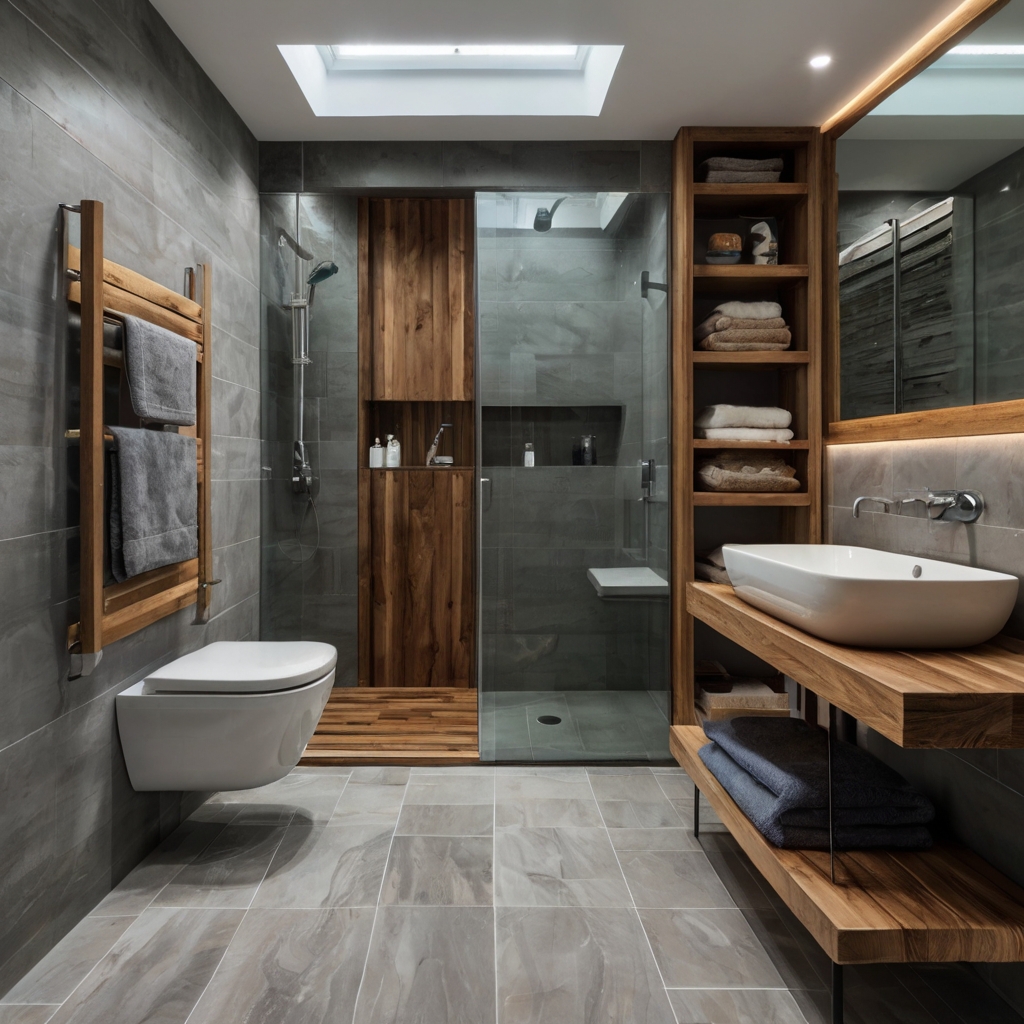 Une petite salle de bain avec des carrelages brillants, des accents gris clairs, une porte de douche en verre et des touches de bois pour un mélange d'esthétique moderne et naturelle.