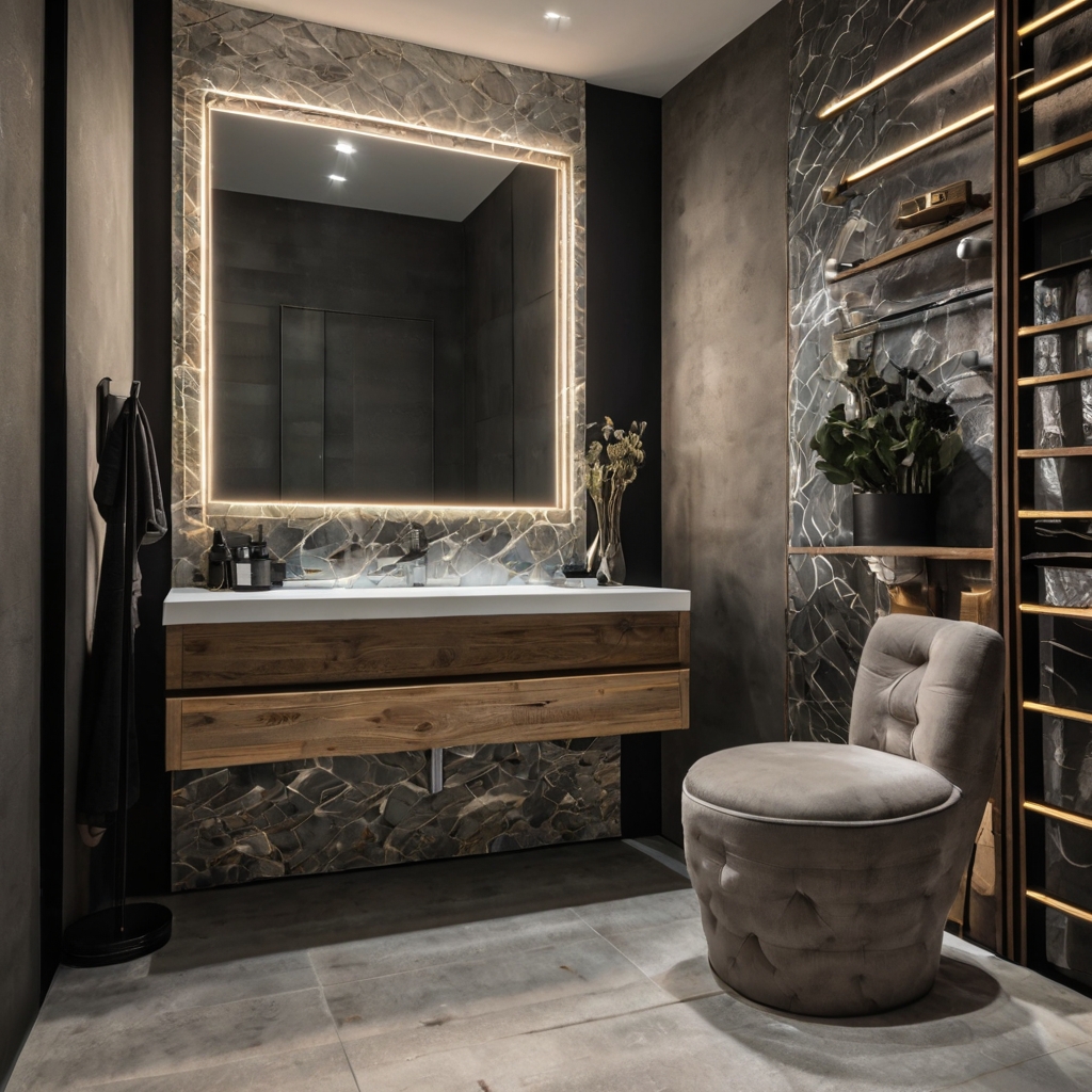 Une petite salle de bain avec une grande fenêtre, équipée de stores légers, avec un puits de lumière et des bandes LED autour du miroir de la coiffeuse.