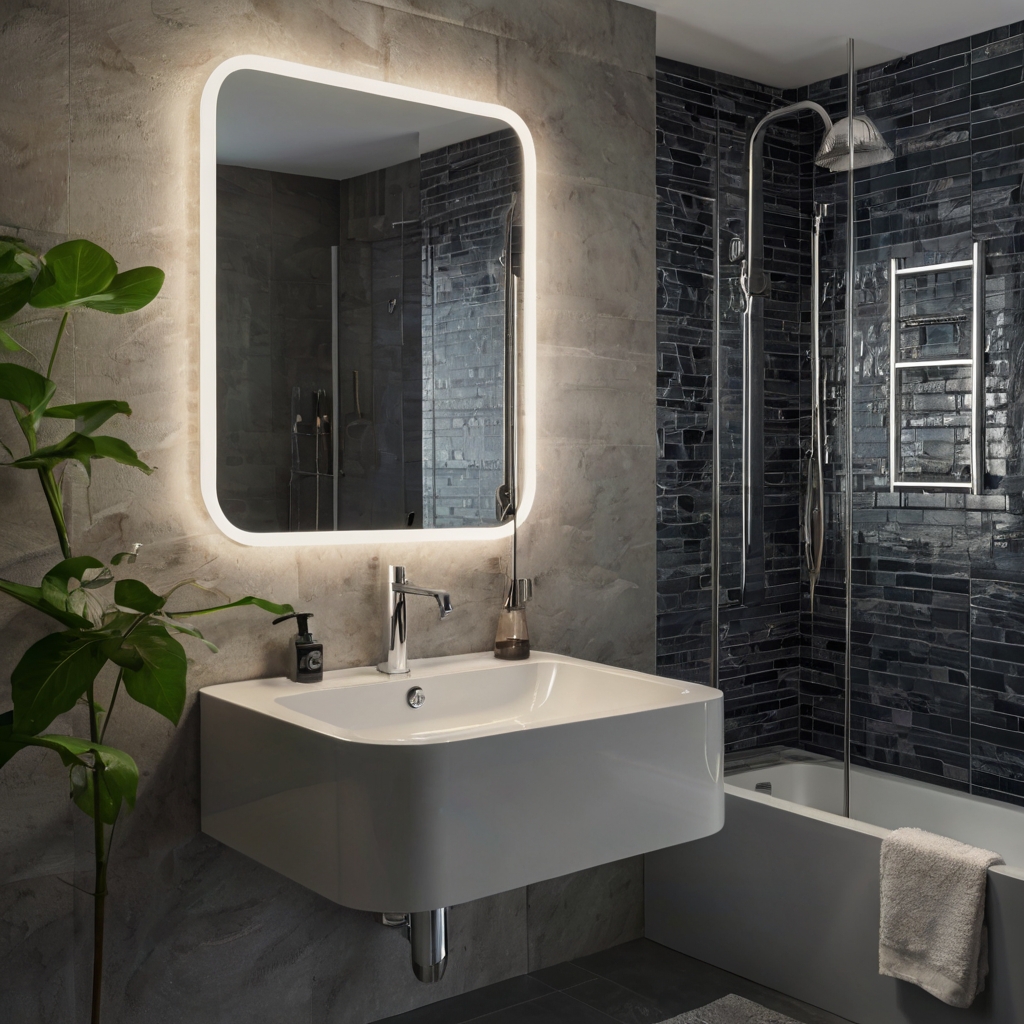 Une petite salle de bain moderne avec un miroir intelligent rétroéclairé, des robinets sans contact, et un sol chauffant pour un confort maximal.