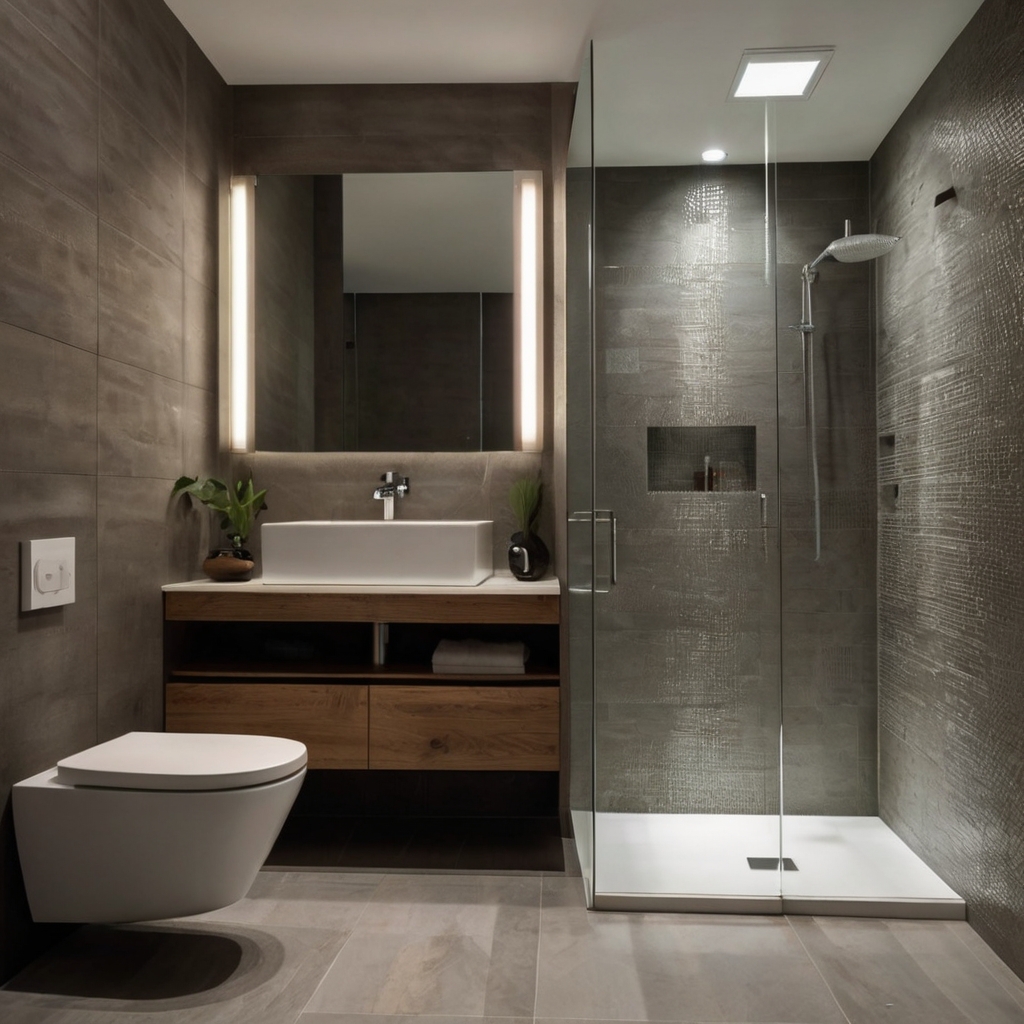 Une salle de bain compacte avec un meuble suspendu, une toilette murale, et une douche à l’italienne avec une paroi en verre, éclairée par des lumières LED pour un effet moderne et spacieux.