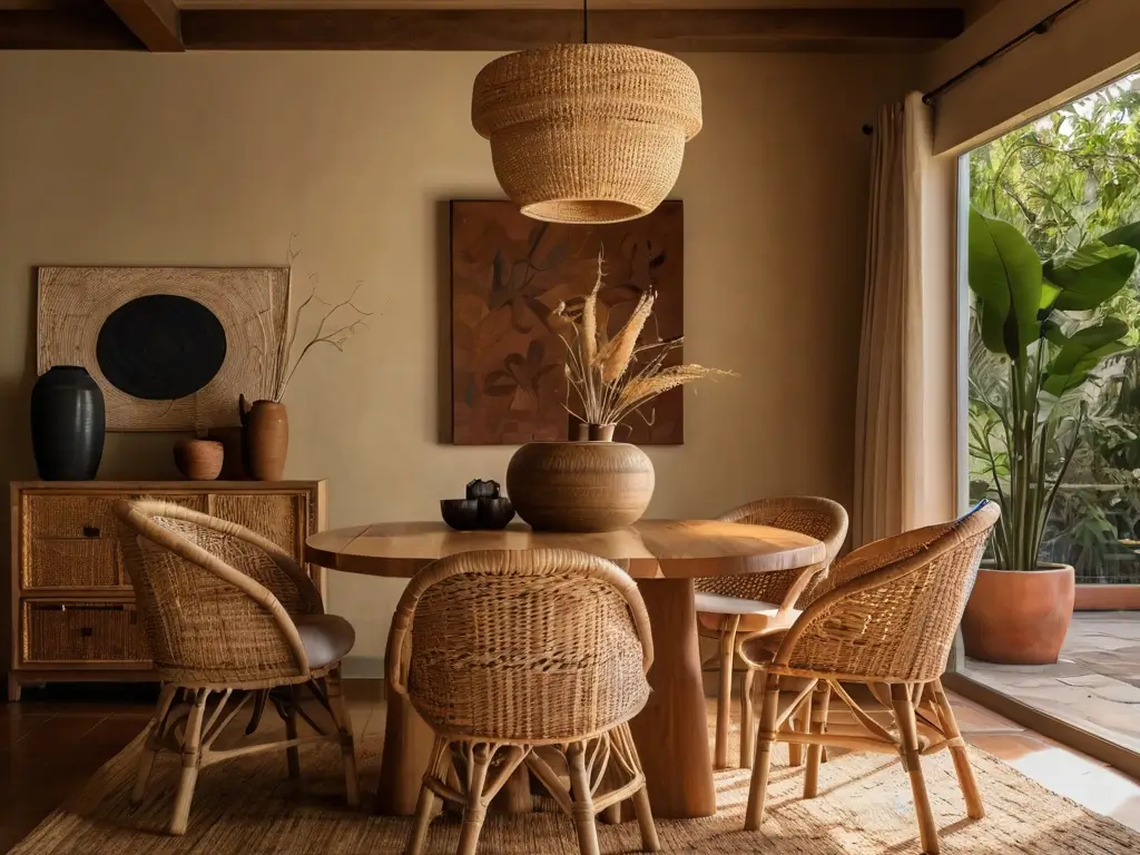 Salle à manger chaleureuse avec poteries artisanales, chaises en rotin et tapis tissé à la main.