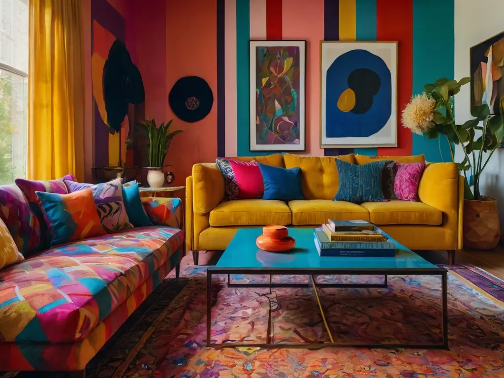 Salon coloré avec motifs géométriques, coussins vifs et tapis coloré.