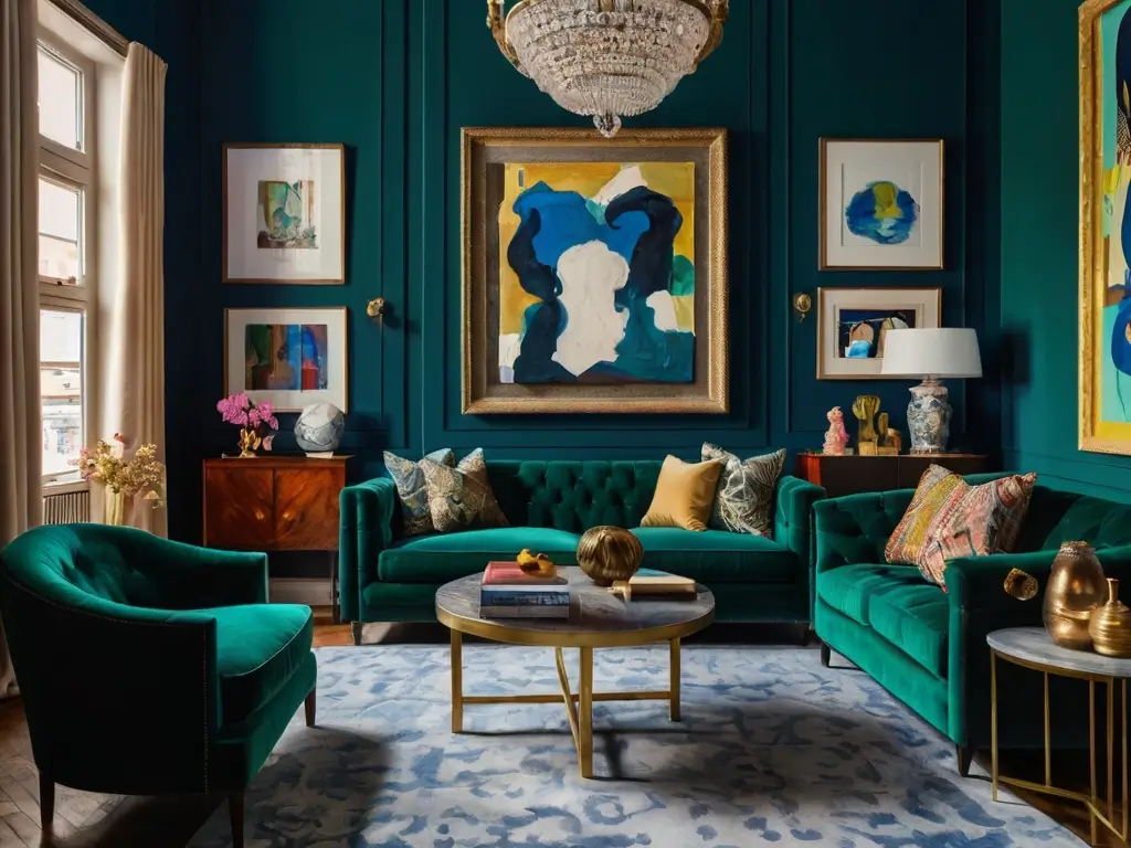 Salon maximaliste avec mur bleu profond, canapé en velours vert émeraude et art abstrait.