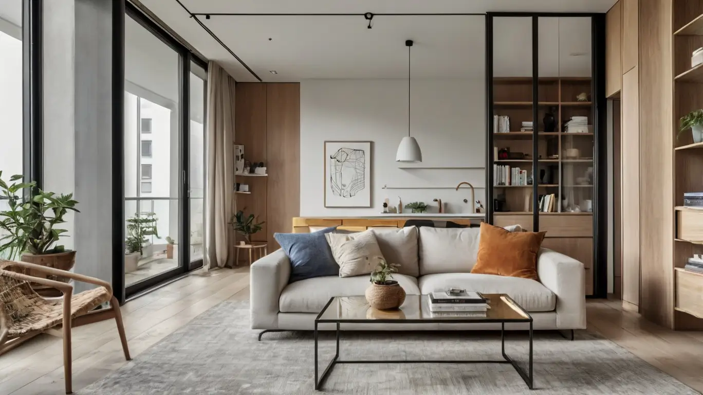 Petit appartement moderne et lumineux avec des solutions de design optimisées pour agrandir visuellement l’espace.