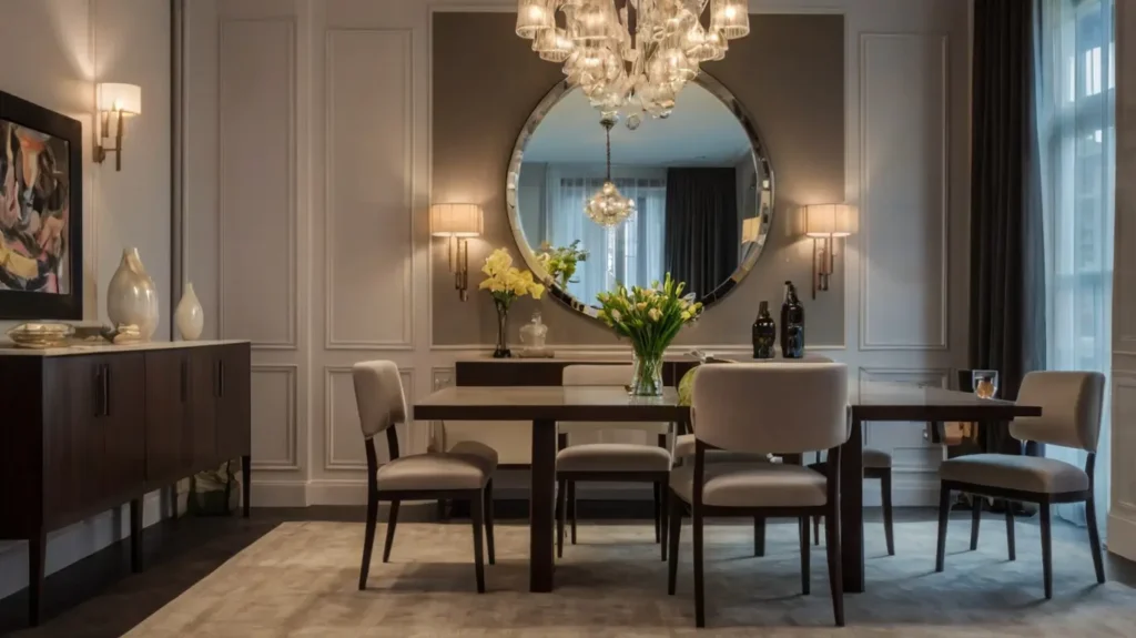 Salle à manger avec un grand miroir rond créant une illusion d’espace.